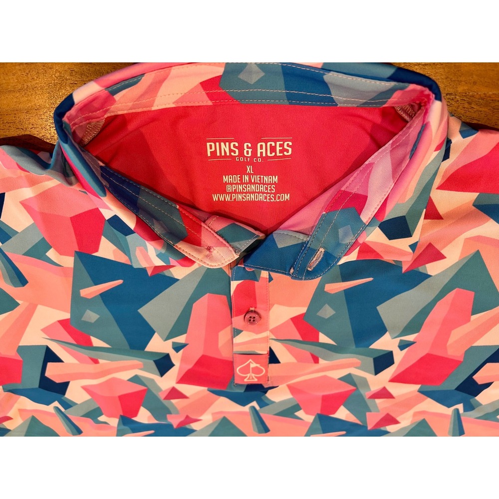 Pins & Aces Men XL Pink Blue Geometric Crystal Print Performance Golf Polo Shirt - Picture 4 of 7
